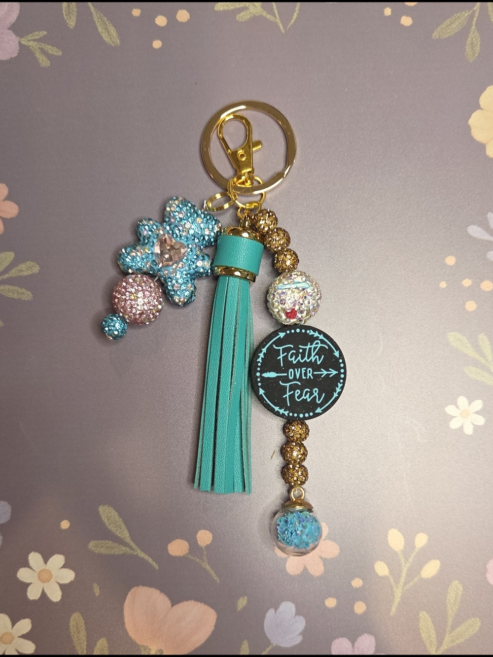 Faith Over Fear Aqua Crystal Tassel Keychain with Bling!